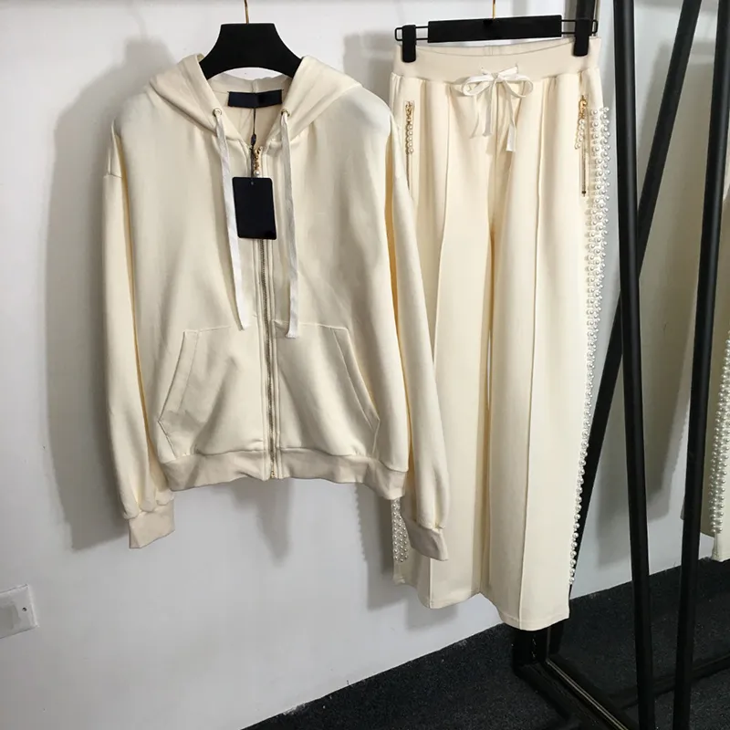 Pearl Embellished Tracksuit Set Women's Fashion Hooded Sweat Suit, Cotton  Blend Jacket Trousers, Casual Loungewear Outfit, Hot Sale!