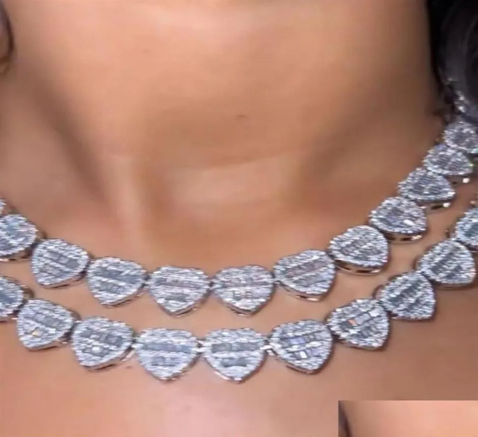 Łańcuchy lodowate naszyjnik łańcucha serca 14K biały złoto platowany bagietka diamentowa biżuteria z cyrkonią sześcienną 16 cali 20 cali moda urok202263702