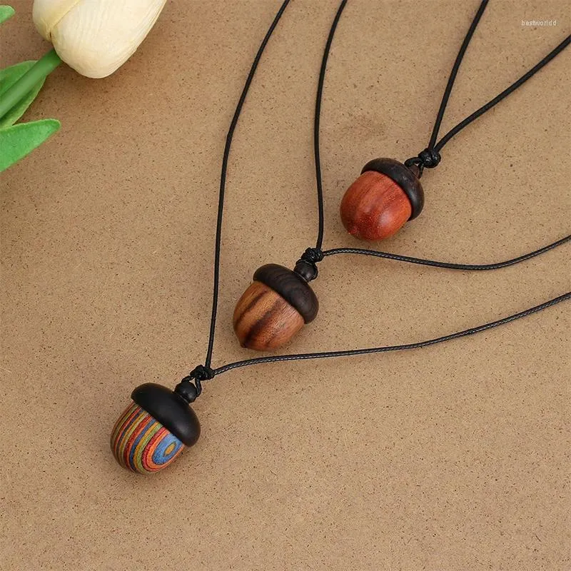 Pendant Necklaces Vintage Screwable Wooden Acorn Box Long Necklace Adjustable Wax Rope Pine Cone Storage Drop Jewelry