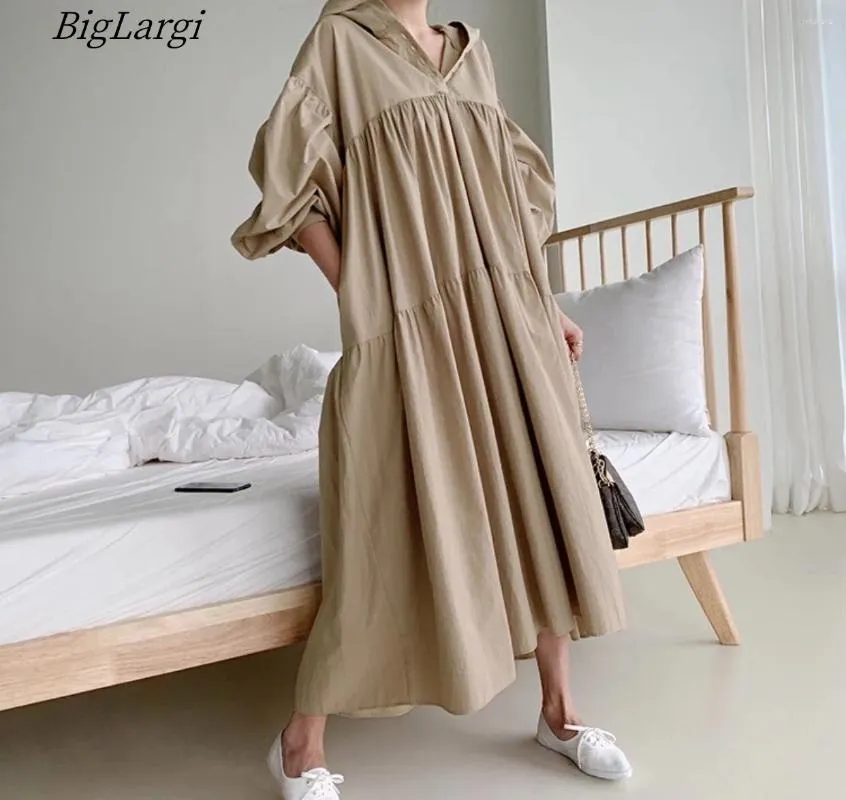 Party Dresses Oversize Elegant Vintage Hooded Dress Women Korean Loose Fitting Long Ladies Flare Sleeve Woman Vestidos