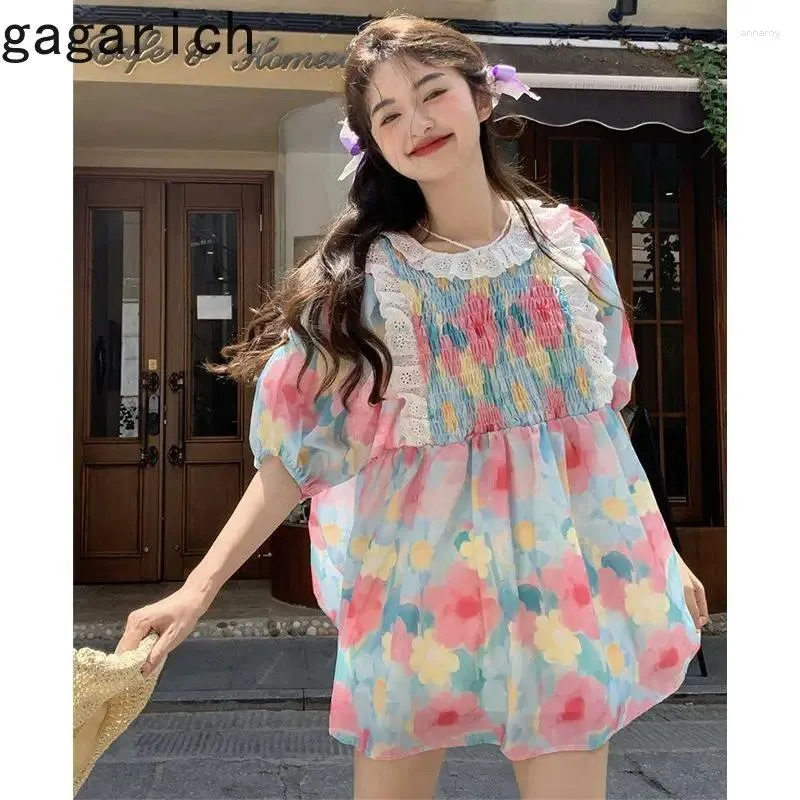 Vestidos de festa Gagarich moda francês suave rosa vestido floral doce mulheres verão rendas retalhos plissados ​​em torno do pescoço estilo universitário vestidos