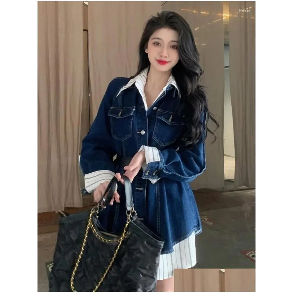 Mulheres jaquetas hikigawa outono vintage mulheres denim casual chique moda manga longa turn down colarinho outerwear roupas femininas gota de dhaxp