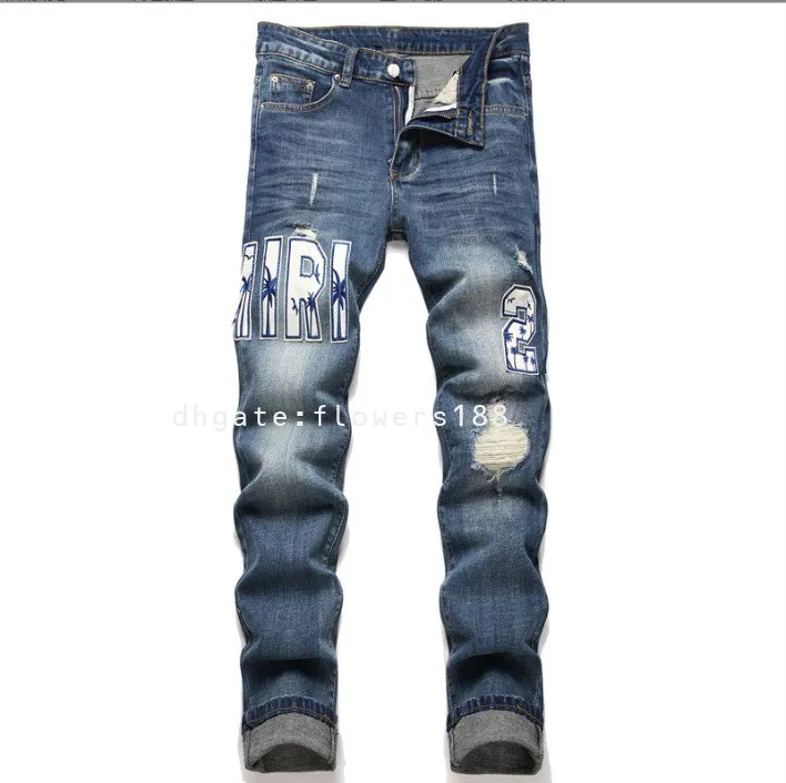Am jeans maschile blu buco patch badge ricamato pantaloni pantaloni allunga i jeans di mezza rissa maschi