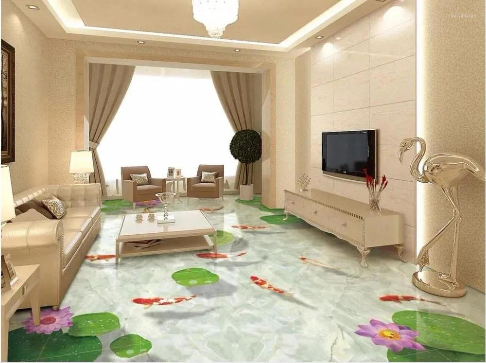 Tapety 3D podłoga marmurowa Lotus Carp Wodoodporna tapeta na ścianę łazienkową podłoga pvc