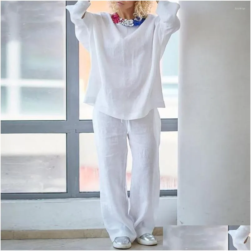 Kadınlar İki Parçalı Pantolon Düz 2 PC/Set Şık Yuvarlak Boyun Saf Renk Gömlek Set Derin Kasık Kadın Kıyafet Elastik Bel Evi için Elastik Bel Dhsse