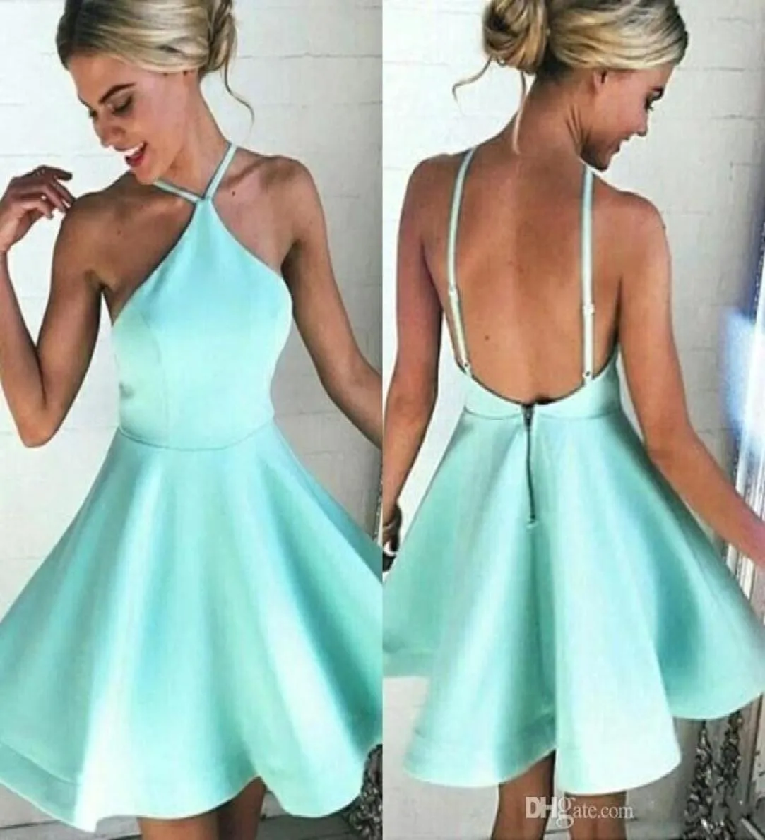 2018 Halter Sexy Korte Mintgroen Satijn Cocktail Party Jurken Backless Homecoming Jurken Custom Made Mini Prom Avondjurk BA6899883450