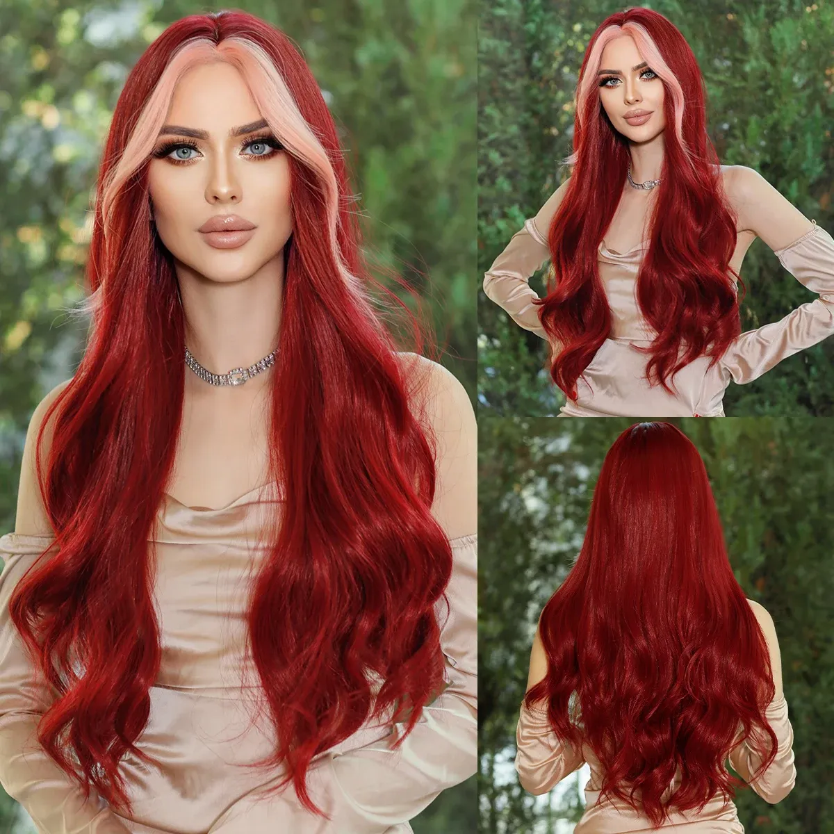 Wigs Namm Long Wavy Middle Part Wine parrucca rossa per le donne COSTRUAGGIO GIORNI Sintetico Sintetico evidenzia parrucche per capelli rosa Lolita Resistente al calore