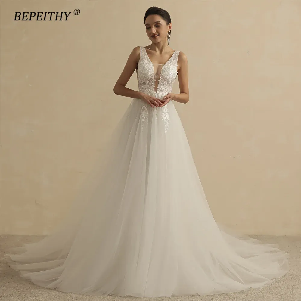 Trimmer Bepeithy Real Image Sexy Deep V Neck Wedding Dresses for Women 2022 Bride A Line Open Back Boho Bridal Party Gown Sleeveless