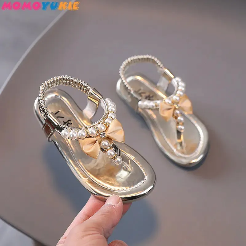 Summer Girls Shoes Bead Flats Fling Princess Baby Dance Sandals الأطفال الزفاف الوردي 240329
