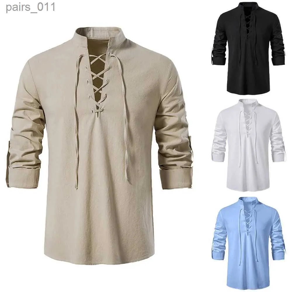 Men's Casual Shirts Mens Cotton Linen Shirts Long Sleeved Shirt V Neck Casual Blouse Spring Summer Thin Front Lace Up Tops Breathable Men Clothing 240402