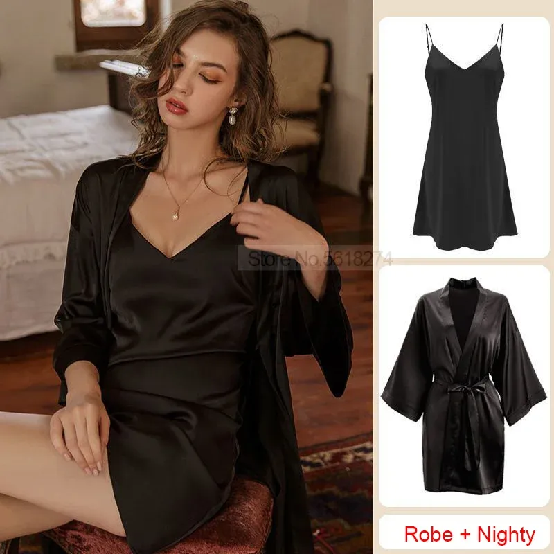 Handskar Satin Robe Set Sexig Women Sleepwear Casual Intime underkläder Faux Silk Nightdress Kimono Bathrobe klänning Vneck Nightwear