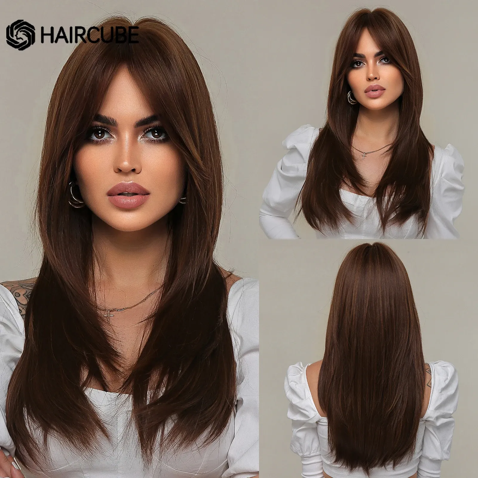 Wigs HAIRCUBE Brown Highlight Synthetic Wigs Long Straight Wigs With Bangs for Women Natural Hair Cosplay Heat Resistant Fiber Wigs