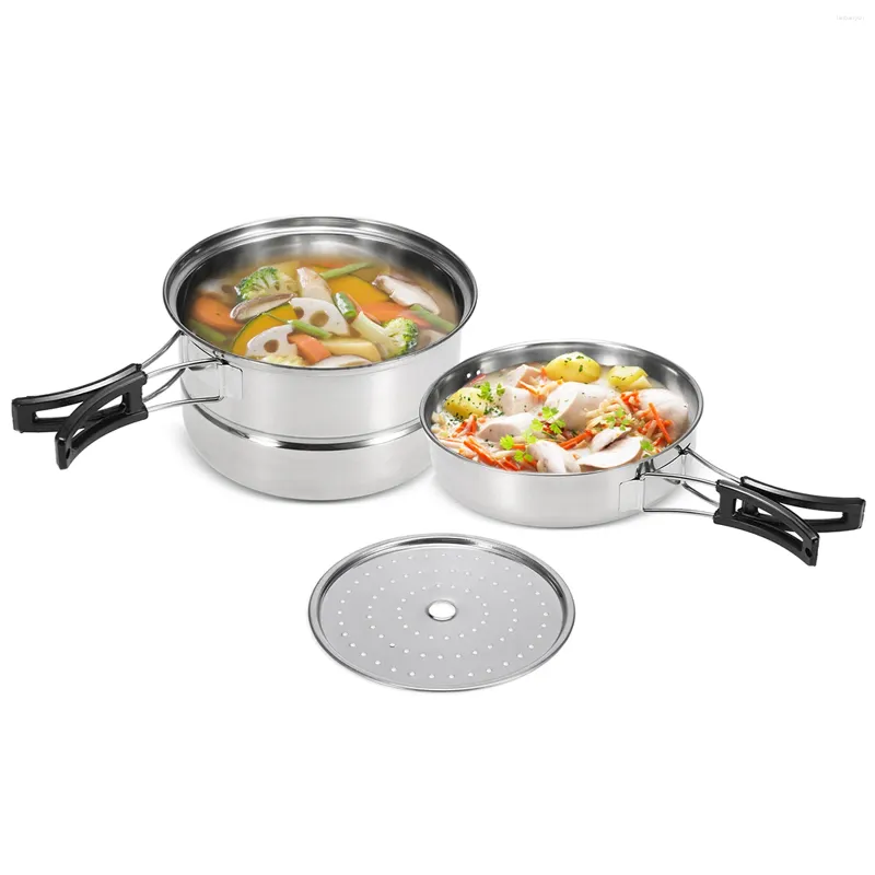 Cookware Sets 3Pcs Set Stainless Steel Pot Frying Pan Steaming Rack Outdoor Camping Home Kitchen Cooking