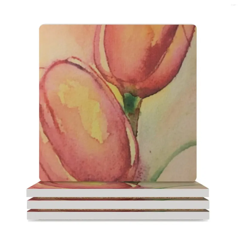 Sottobicchieri da tavola Sottobicchieri in ceramica con tulipani rosa (quadrati) per set da bevande, tazza da tè