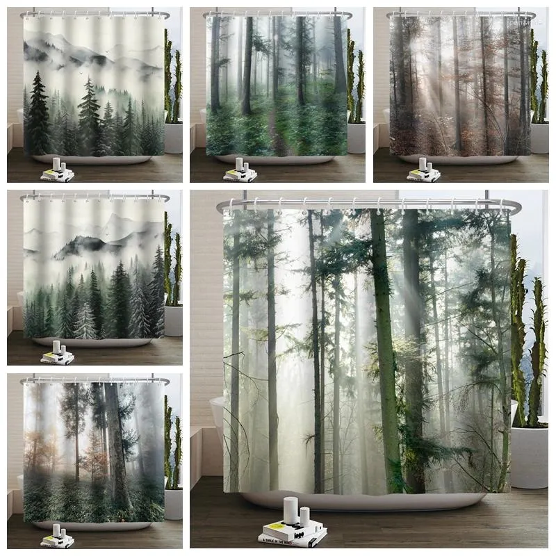 Rideaux de douche Rideau de forêt brumeuse Brouillard Magique Arbre d'hiver Bain pour salle de bain Printemps Matin Nature et écran de baignoire en bois
