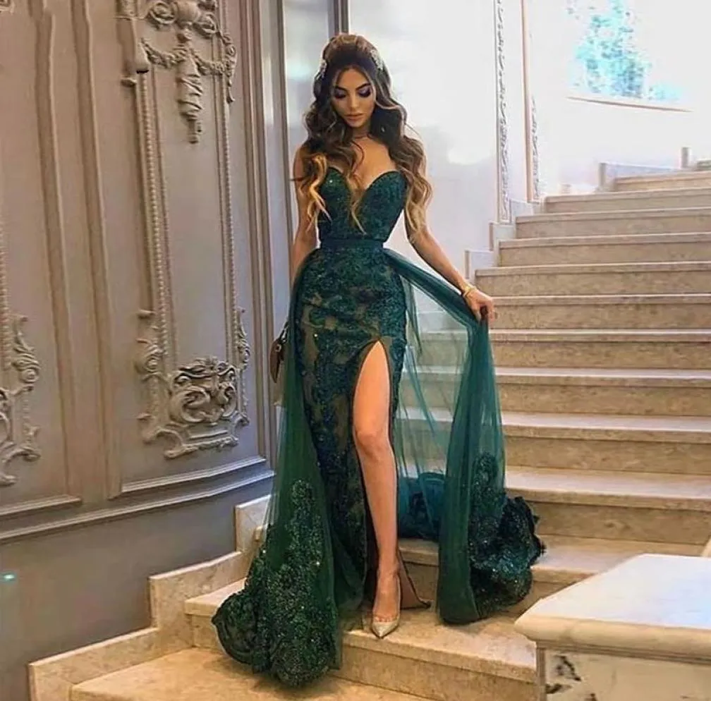 Sexig jägare Green Overskirts Prom Dresses Sexig slits ärmlös lång aftonklänning Appliced ​​Sweetheart Formal Party Gown 20217711604