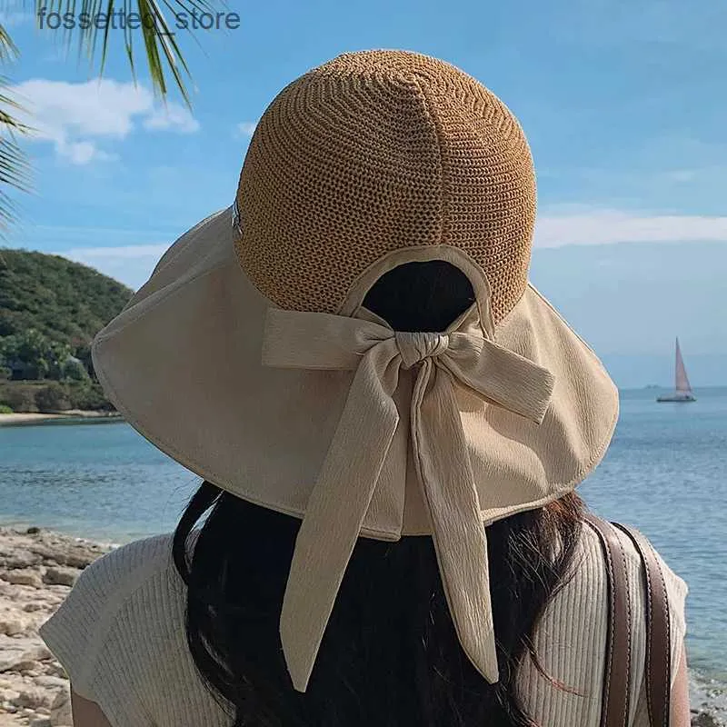 Sombreros de ala anchos sombreros de cubo Sol para mujeres Summer Big ancho de ala ancha con pescador de arco C Sombrero de playa Cheu Gorra Sunshade Sunshade New L240402
