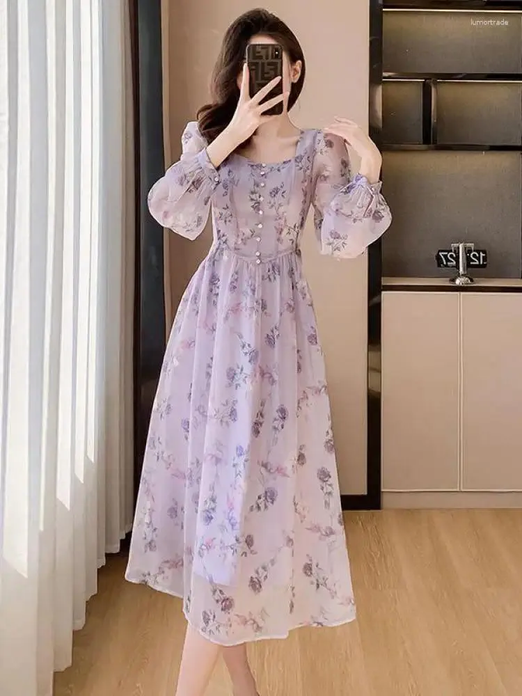 Casual Dresses Women Fashion Purple Floral Elegant Long Sleeve Silm Fairy Spring Autumn Green Birthday Evening Sundress Bohemian