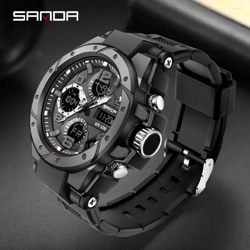 Zegarek zegarki Sanda Men Sports Watches Dual Down Analog Digital LED Electronic Quartz Waterproof Swimming Military Watch 6008