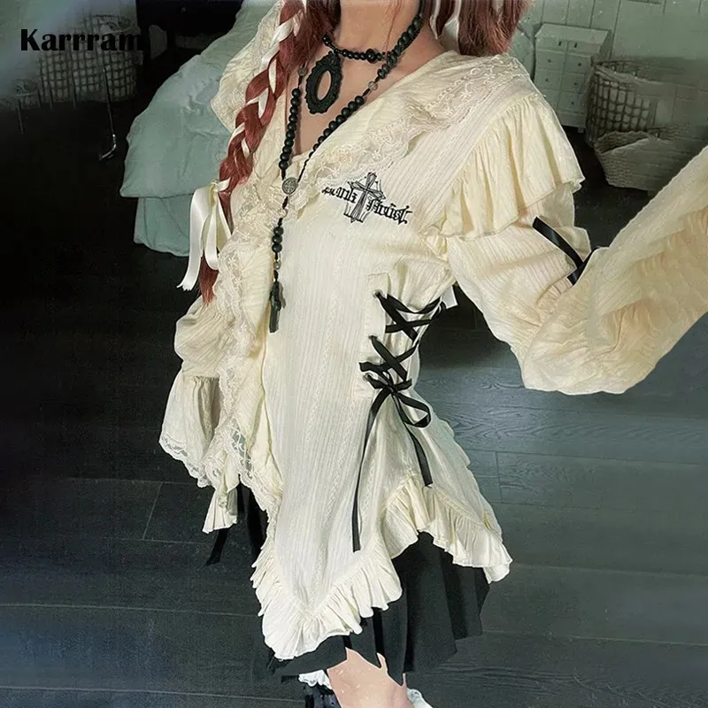 Karrram Y2k Ästhetik Spitzenhemd Grunge Gothic Unregelmäßige Blusen Fee Harajuku Bandage Shirt Vintage Lolita Kleidung Mall Goth 240321