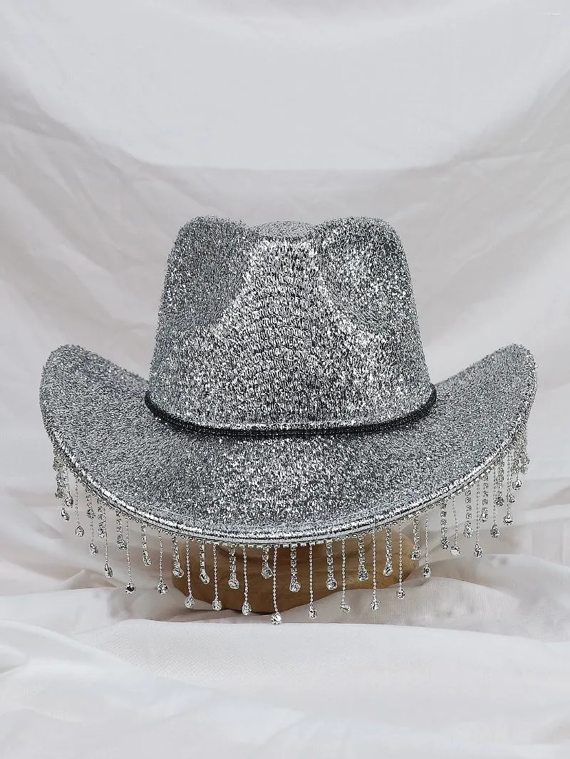 Berets Silver Lady Western Cowboy Hat Rhinestone Tassel Party Stylish Soft Duffle Wide Brim Shade Outdoor Casual