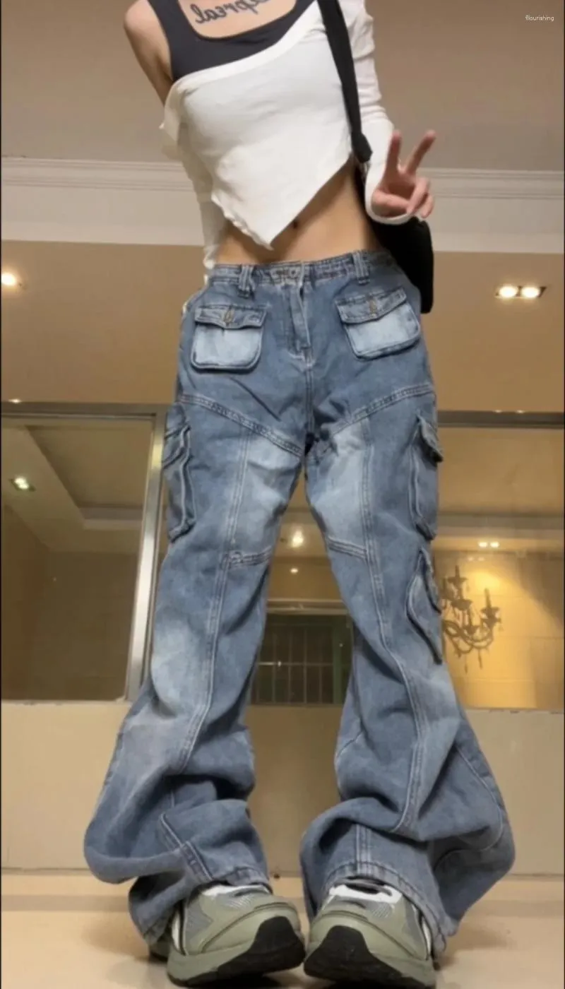 Calças de brim femininas em linha reta retro cintura baixa baggy lavado multi bolso hip hop todos os jogos mulheres largas perna calças de carga streetwear