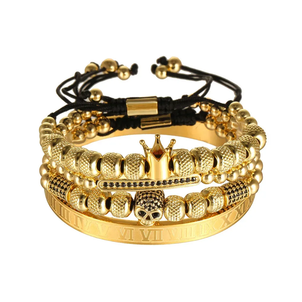 Bangles Punk 4 pièces/ensemble classique tressage Bracelet ensemble or Hip Hop hommes pavé CZ Zircon crâne chiffre romain Bracelet Bracelet bijoux de luxe