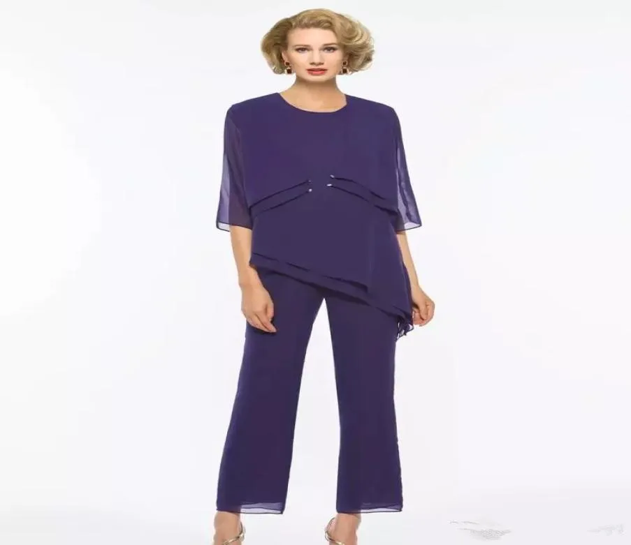 New Purple Mother Of The Bride Pant Suits With Jacket Cheap Chiffon Wedding Guest Dress Outfit Plus Size Garment Formal Evening Ju1778508