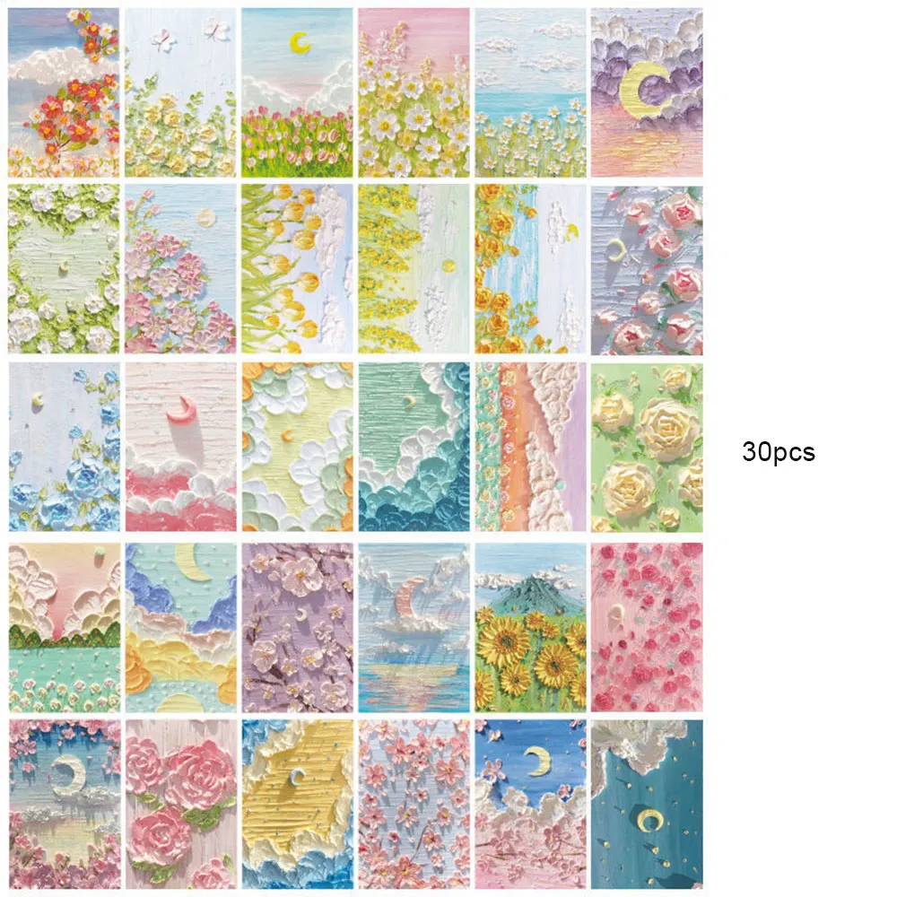 30 Sheets Kawaii Postcard Cute Oil Painting Scenery Postal Card Wish Card Greeting Card Christmas Birthday Gift Message Cards