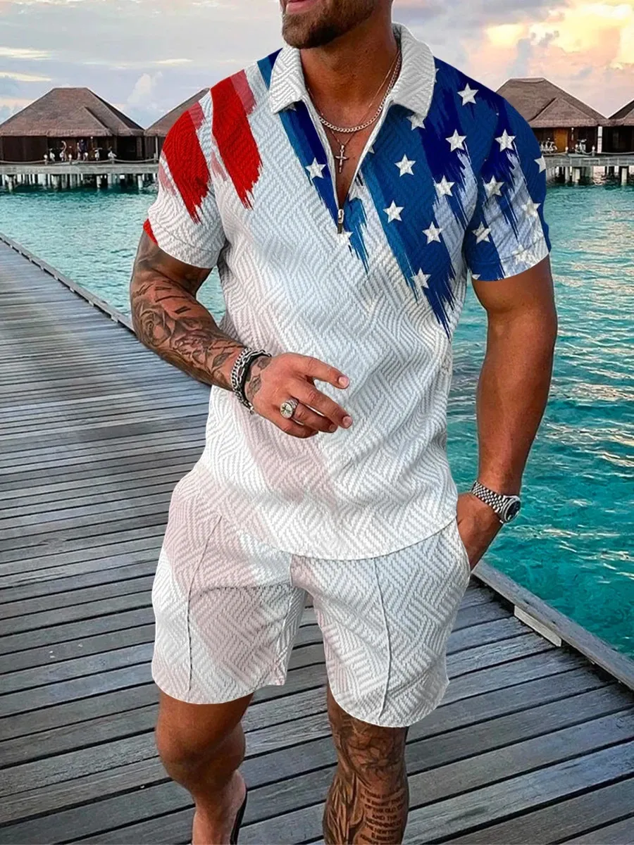 American Flag 3D Print Men Polo shirts Set Zipper Lapel Sets Collar Shorts 2pcs Hawaii Holiday style Man Sweatshirt 240328
