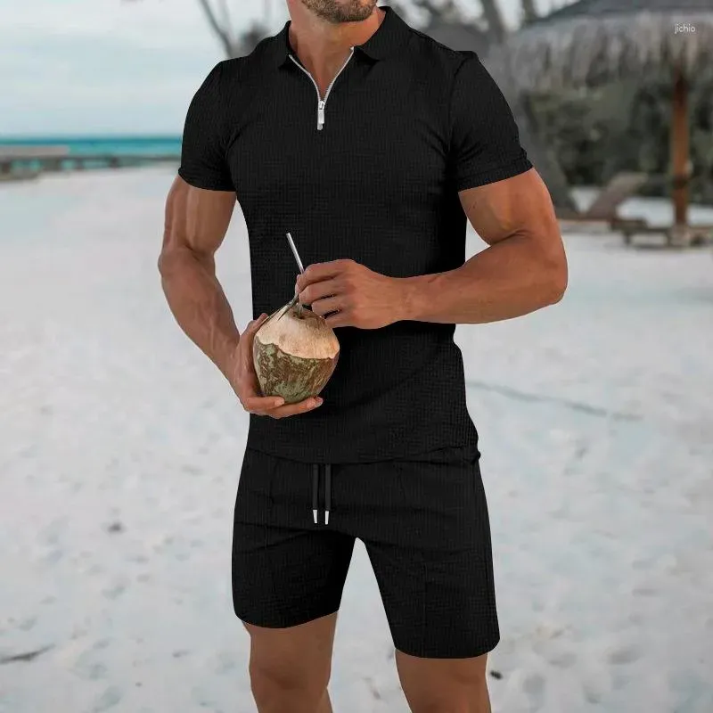 Herren-Trainingsanzüge Sommermode Herren-Trainingsanzug Kurzarm-T-Shirt und Shorts-Set 2-teiliger lässiger Strandanzug Plain Blank Quarter Zip Dro Dhkrn