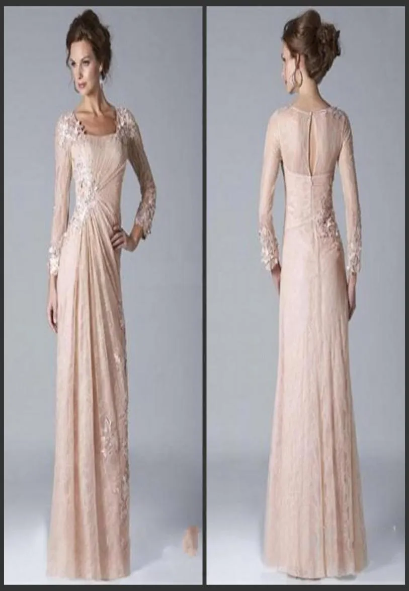 2020 New Vintage Champagne Mother of the Bride Groom Dresses Square Neckline Long Sleeved Lace Chiffon Evening Gowns vestido de no3056878