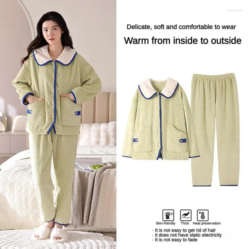 Home Clothing Damen-Pyjama-Set aus Flanell, kann außerhalb des Frühlings und Herbstes getragen werden. Dicke Modelle warmer Nachtwäsche, eleganter Homewear-Anzug