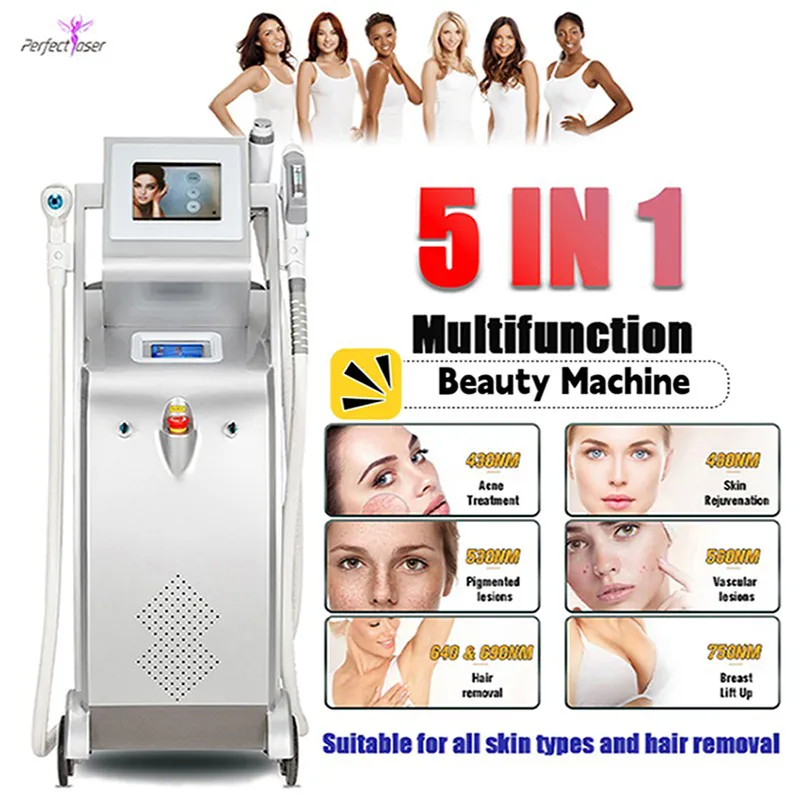 Macchina multifunzione 5 IN 1 IPL E-light OPT Laser Ndyag RF Depilazione Rimozione del tatuaggio Face Lift Cura della pelle Laser Acne Attrezzatura per il trattamento della pigmentazione vascolare