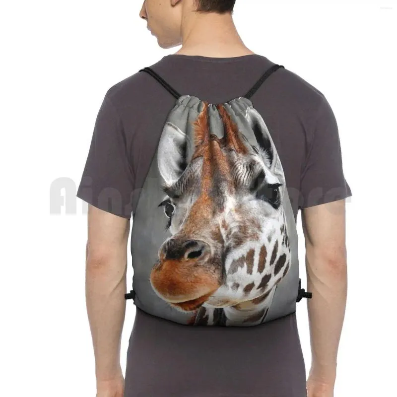 Rucksack Giraffe auf grauem Kordelzug, Reiten, Klettern, Fitnessstudio, Tier