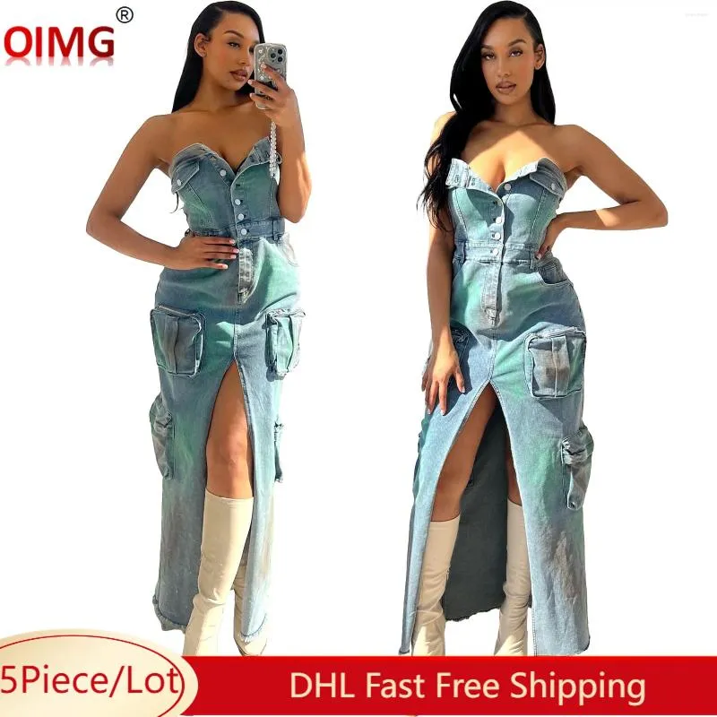 Lässige Kleider 5 Großhandel trägerloses Denim-Frauen-ärmelloses Knöpfe-Kleid Sexy rückenfreies Split mit Taschen Street Wear Bulk 10389