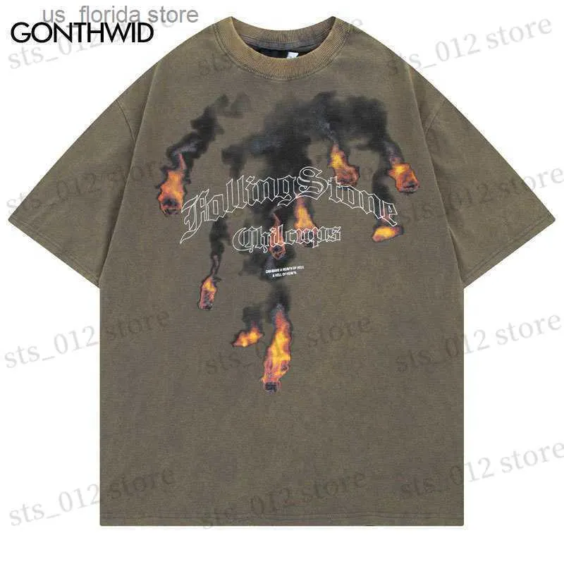Męskie koszulki Męki T-shirty Hip Hop Vintage Tshirt Men Men Flame Kamienna litera Druku