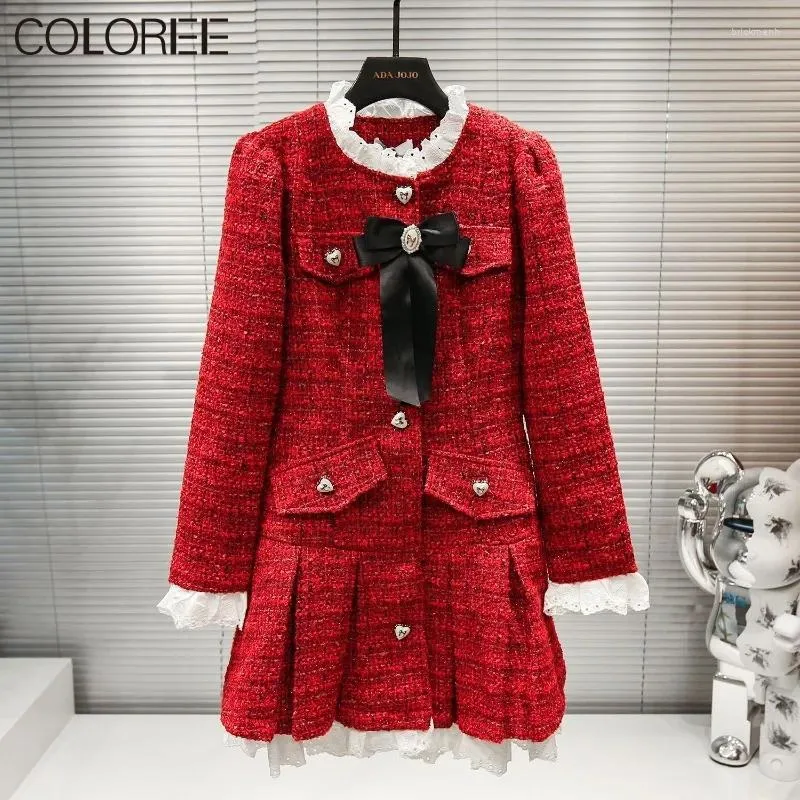 カジュアルドレス高級デザイナー婦人服2024到着甘いフリル長袖の赤いウールの春、アウトウェア