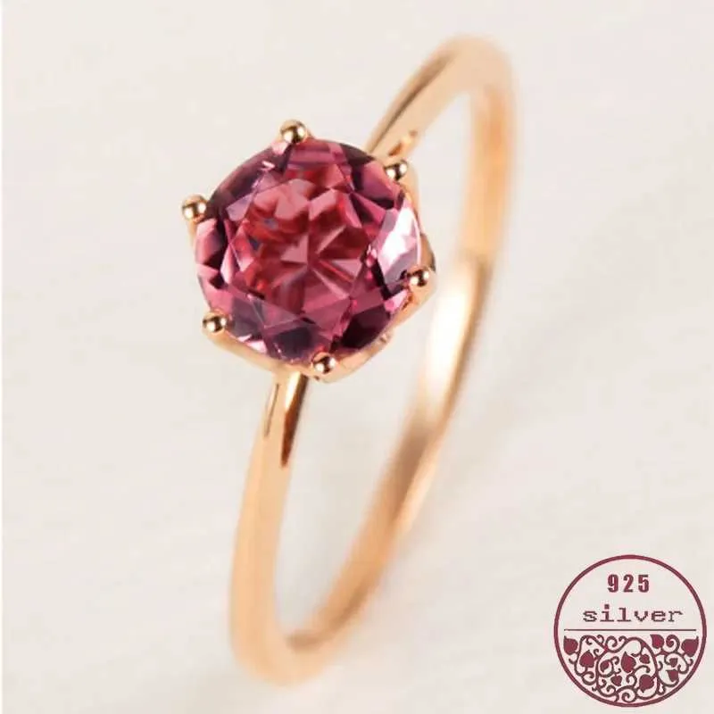 Anelli a banda 925 Sterling in argento in oro rosa singolo diamante intarsio lampada da caramella circolare lussuosa sei artigli eleganti melograno ruby ​​womens anello