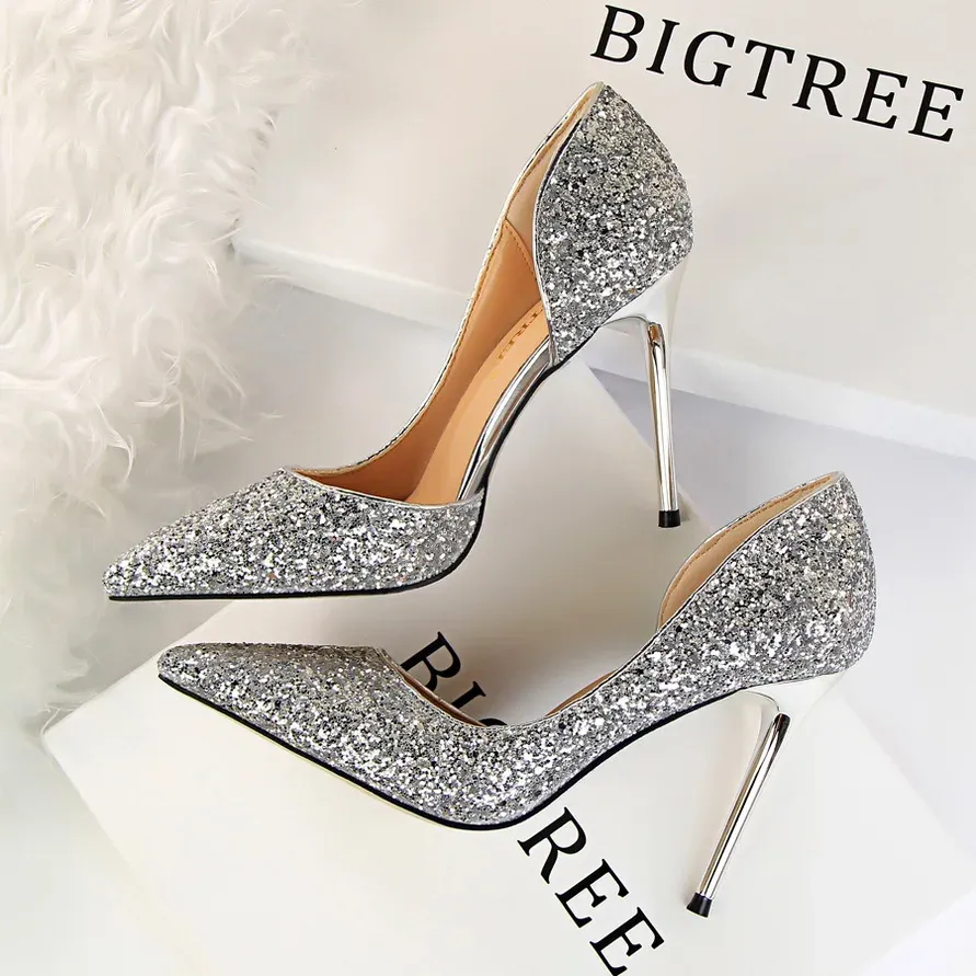 النعال Bigtree Women Heels مضخات Gold Sier Sequined High Heeled Shoes Ladies Evening Party Shoe Stilettos Stilettos