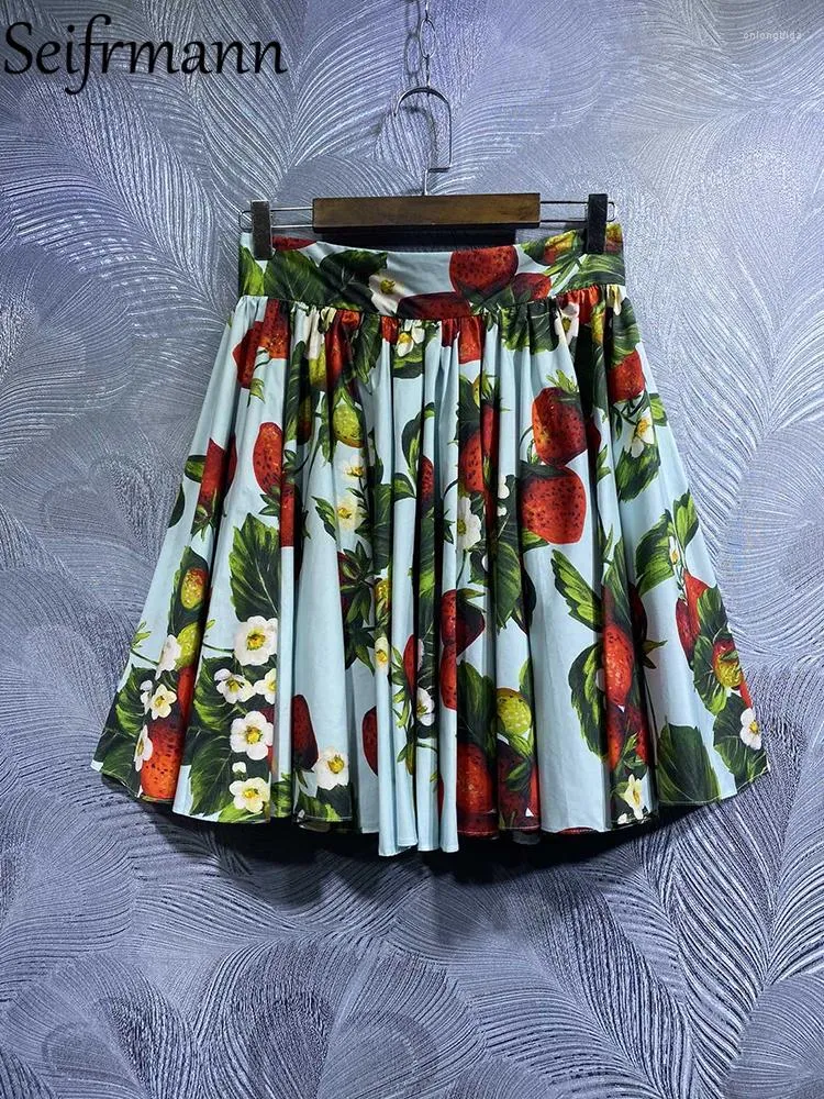 Gonne Seifrmann Alta qualità Autunno Donna Stilista Gonna corta Vita fragola stampata floreale Mini elegante cotone