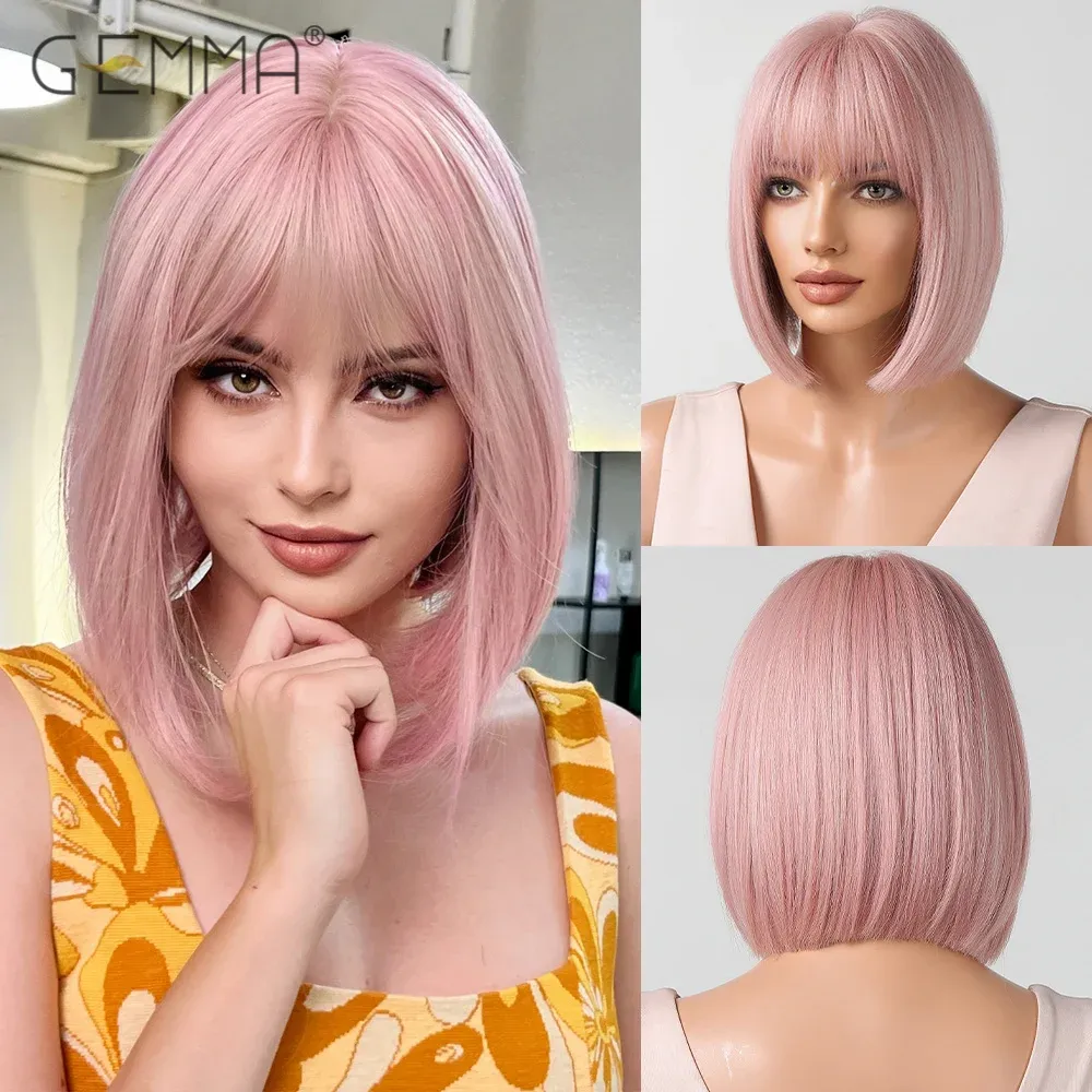 Peruker Gemma rosa kort bob peruk med lugg syntetiska rosa cosplay peruker för kvinnor naturliga rakt lolita fest hår peruk värmebeständig