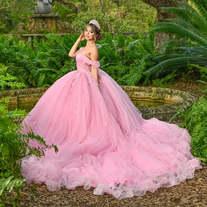 Roze Glanzende Prinses Baljurk Quinceanera Jurk Uit De Schouder Applique Kant Kralen Tull Sweet 16 Jurk Vestido De 15 Anos