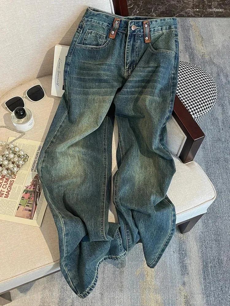 Jeans femininos oiinaa azul baggy vintage cintura alta streetwear riscado retalhos perna larga moda calças retas