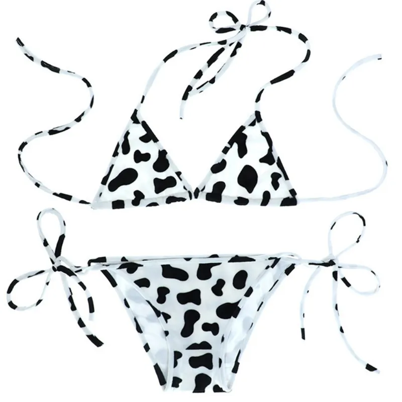 Bikini féminin ensemble Style japonais mignon lait vache en pointillés mini bikini ensembles de sous-vêtements de couchage licou haut-le avec des mémoires