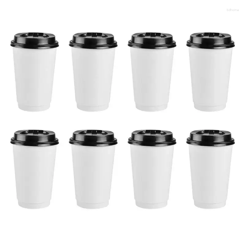 Gobelets jetables pailles 50pcs 280/350ml café isolation à emporter Double couche tasse en papier avec couvercle fête boissons blanches boire