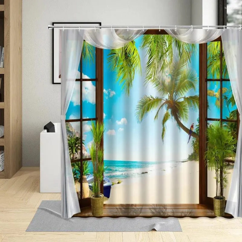 Douchegordijnen raam buiten eiland strand oceaan palmbomen papegaai natuur landschap badgordijn stof badkamer decor met haken
