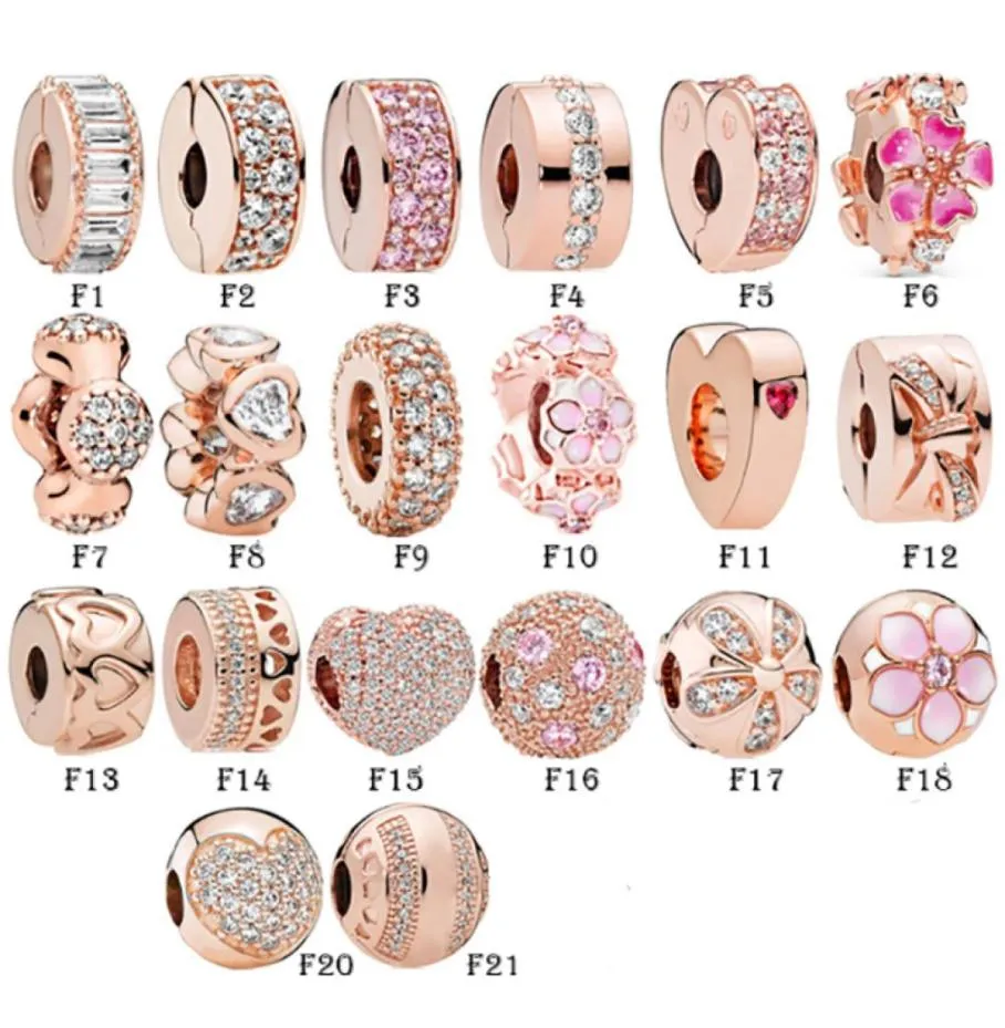 New 925 Sterling Silver Fit Bracelets Rose Gold Flower Daisy Crown Love Heart Pave Clip Charms for European Women Wedding Original Fashion Jewelry8595171