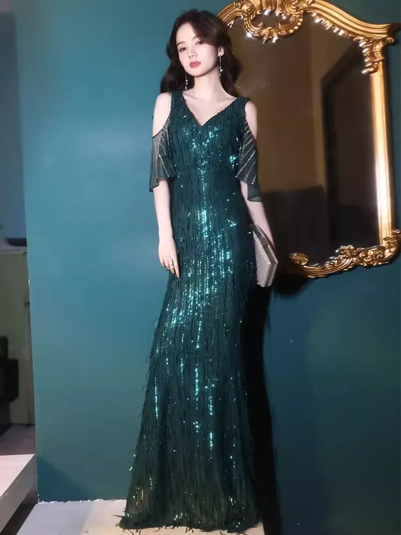 Green Sequin Evening Dresses V Neck Off Shoulder Mermaid Maxi Prom Gowns  For Women Elegant Party Formal Dresses From Fashiongowns, $128.64 |  DHgate.Com