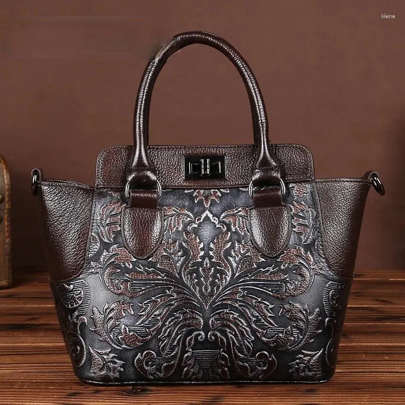 Vintage Handmade Genuine Leather Floral Embossed Womens Messenger